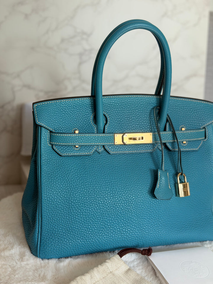 HERMÈS Bleu Jean Togo Leather GHW Birkin 30 Stamp H in Sq 2004