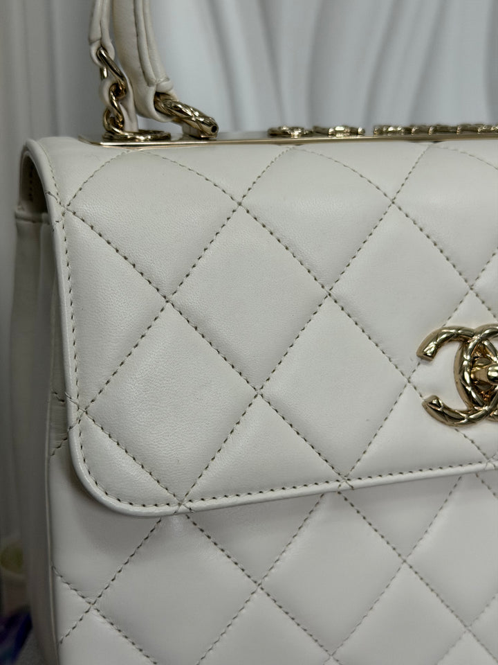 CHANEL 23S collection 2023 White Lambskin LGHW Trendy CC Flap Bag size Small with raised CHANEL Engraved Plate Top Handle