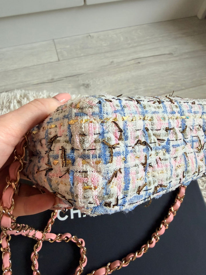 CHANEL Series 27 Pink Blue Green Ecru Gold Tweed Mini Flap Bag LGHW 2018