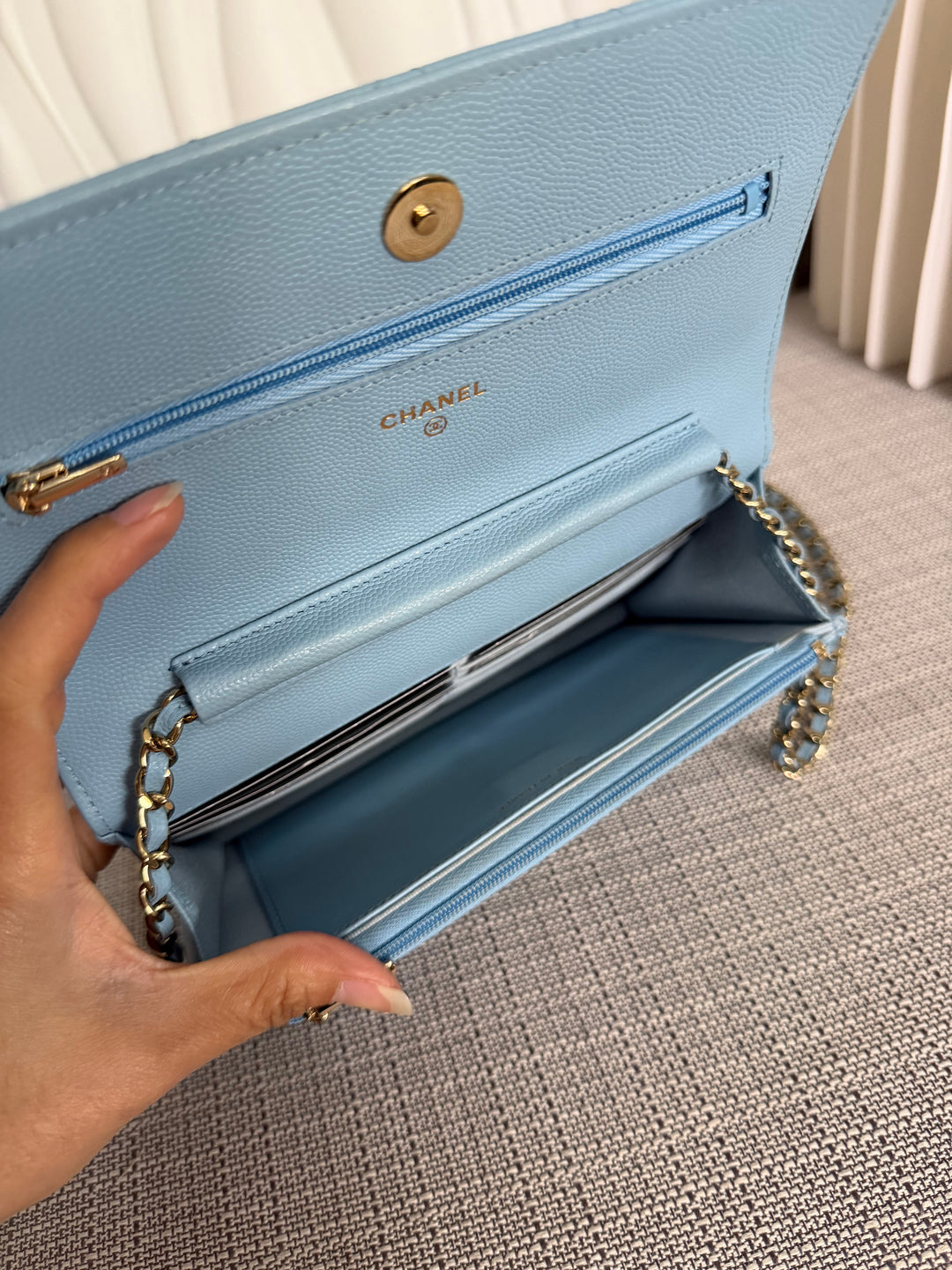 CHANEL 22S Collection 2022 Baby Blue/ Light Blue Caviar LGHW Classic Wallet on chain (WOC)