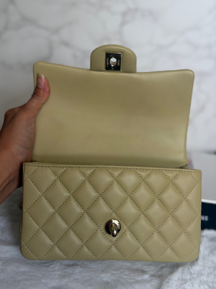 CHANEL 23A Pistachio Green Lambskin LGHW Mini Rectangular Flap Bag with Top Handle 2023