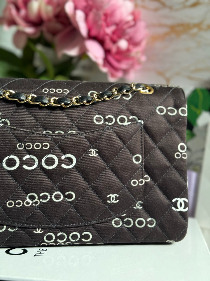 Chanel series 7 2002/2003 Black Canvas Quilted COCO Medium Classic Flap Light Gold Hardware