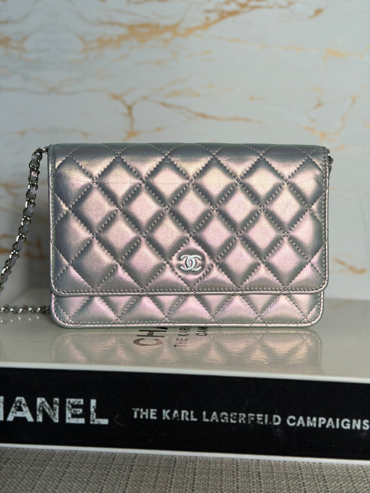 CHANEL Silver Lambskin SHW Classic Wallet on Chain (WOC) 2022