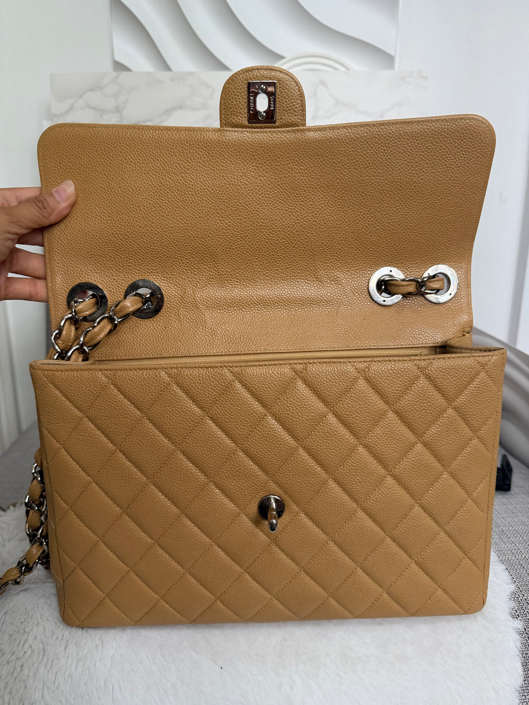 CHANEL series 6 Dark Beige Caviar SHW Vintage Jumbo Single Flap Bag