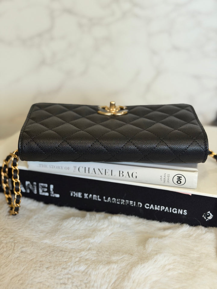 CHANEL Camellia Turnlock Black Lambskin Brushed GHW Classic Wallet on Chain (WOC) microchip 2023