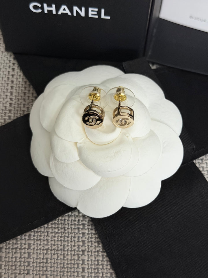 CHANEL 2024 Light Gold Round Earrings with Crystals 0.5 cms diameter