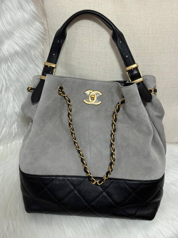 CHANEL 2025 25A collection Grey Suede Black Calf skin Leather Hobo Bag size Small