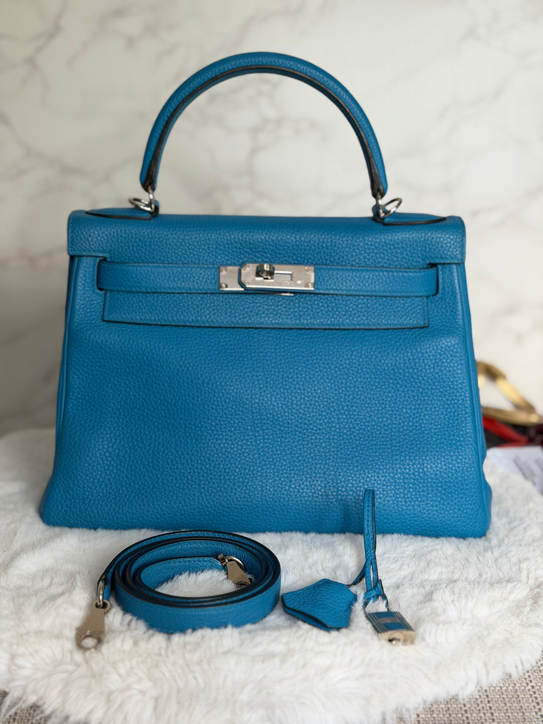 HERMÈS Bleu Frida Togo Leather PHW Kelly 28 Bag Stamp A 2017