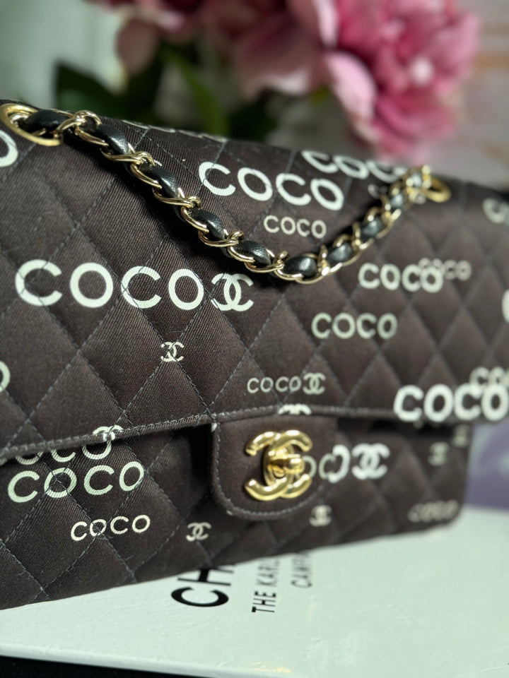 Chanel series 7 2002/2003 Black Canvas Quilted COCO Medium Classic Flap Light Gold Hardware