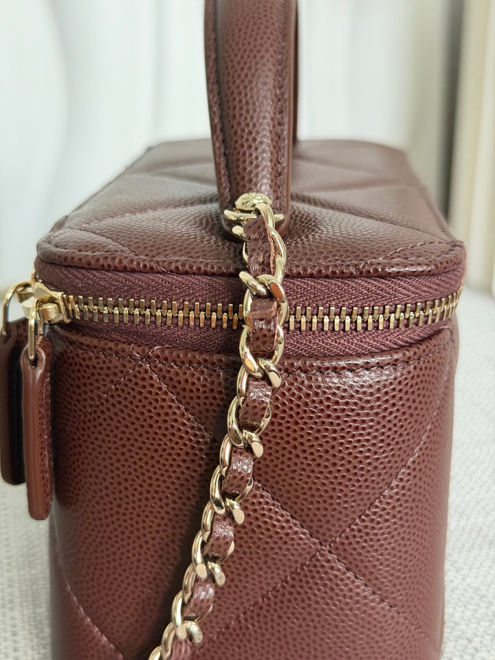 CHANEL 25K 2025 collection Brown Caviar LGHW Leather Top Handle Small Vanity with Chain
