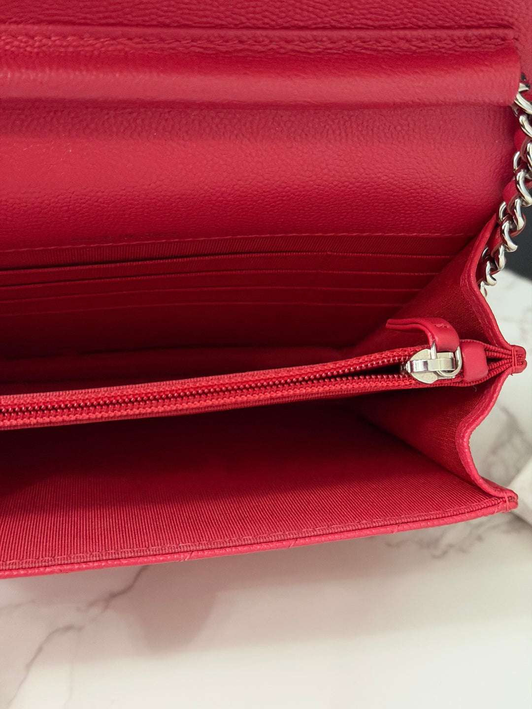 CHANEL series 25 2018 Dark pink chevron caviar SHW Square Wallet On Chain (WOC)