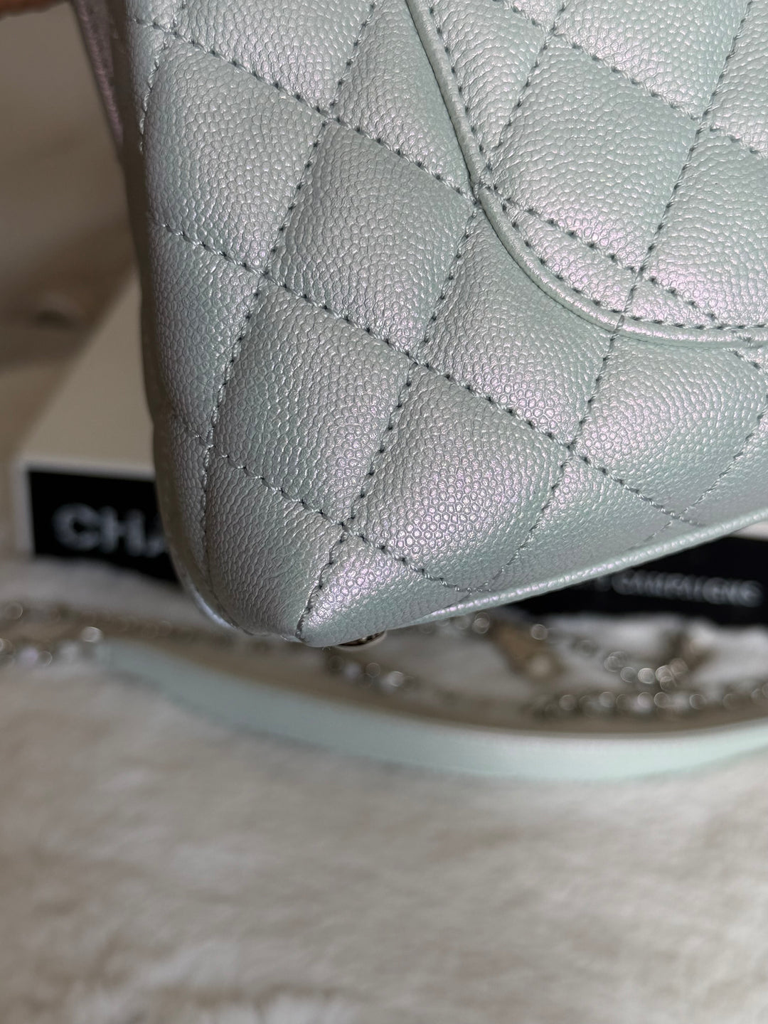 CHANEL 21K iridescent Light Blue Caviar Rainbow and shiny SHW Coco Handle Flap Bag size Small 2021