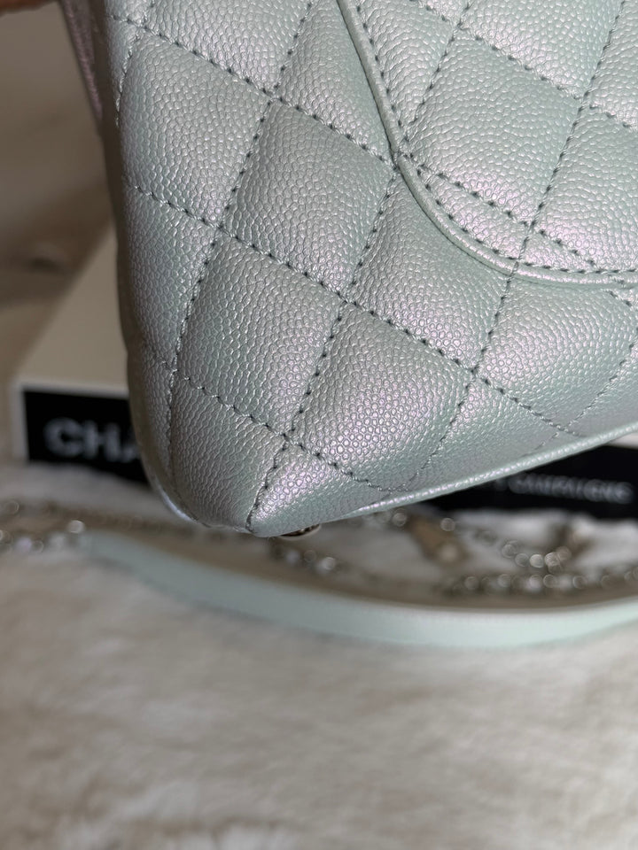 CHANEL 21K iridescent Light Blue Caviar Rainbow and shiny SHW Coco Handle Flap Bag size Small 2021