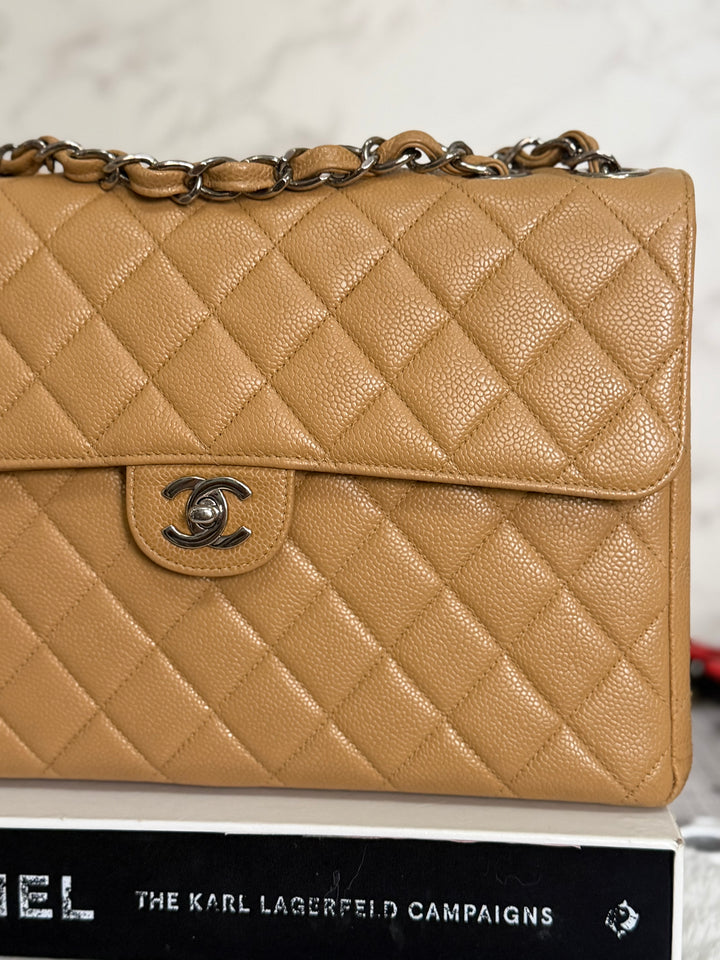 CHANEL series 6 Dark Beige Caviar SHW Vintage Jumbo Single Flap Bag