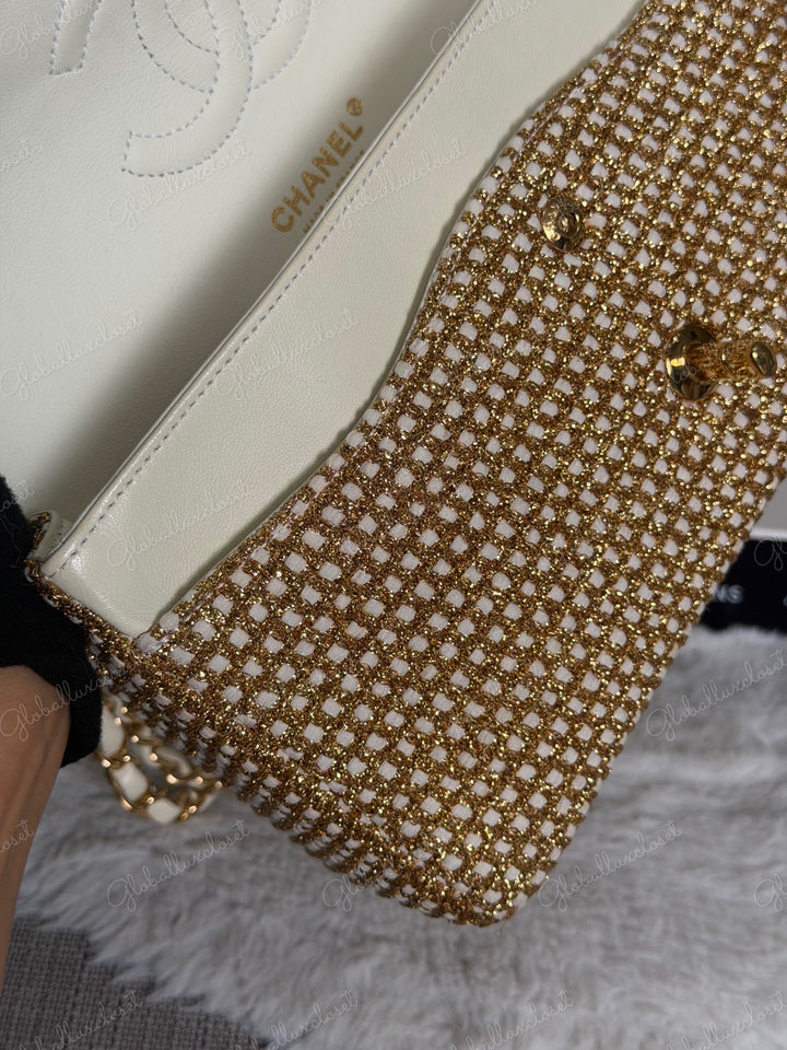 CHANEL series 17 Beige/Ivory Gold Tweed Medium ML Timeless Classic Double Flap Bag 2012 with LGHW
