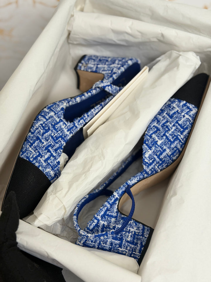 CHANEL 23P Cobalt Blue SHW Tweed Slingback shoes with kitten heels