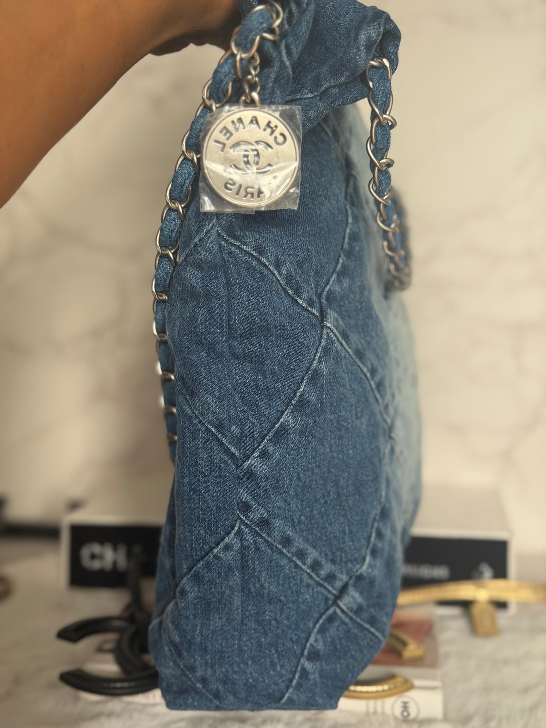 CHANEL Denim 22 Hobo Bag size Medium SHW with detachable pouch 2022