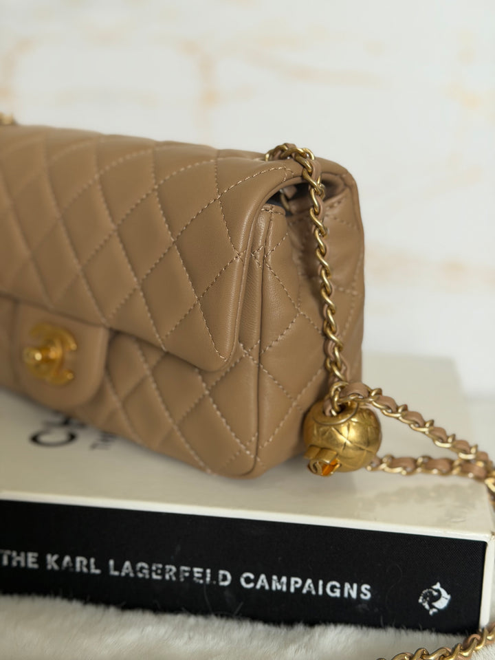 CHANEL 22B Taupe Dark Beige Lambskin Aged GHW Pearl Crush Adjustable Chain Mini Rectangular Flap Bag 2022