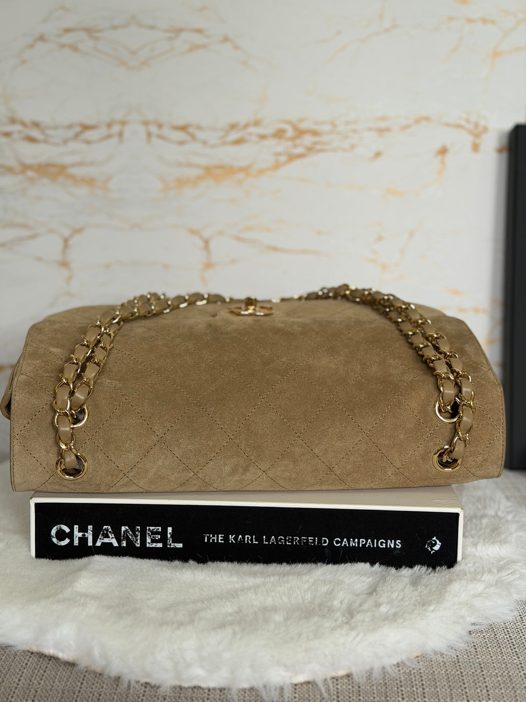 CHANEL 26S Beige Suede Leather LGHW Maxi Flap Bag 32 cms