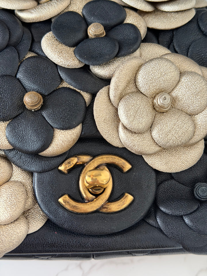 CHANEL series 21 Black Metallic Gold Camellia Flower Lambskin Mini Rectangular Flap Bag with Vintage GHW