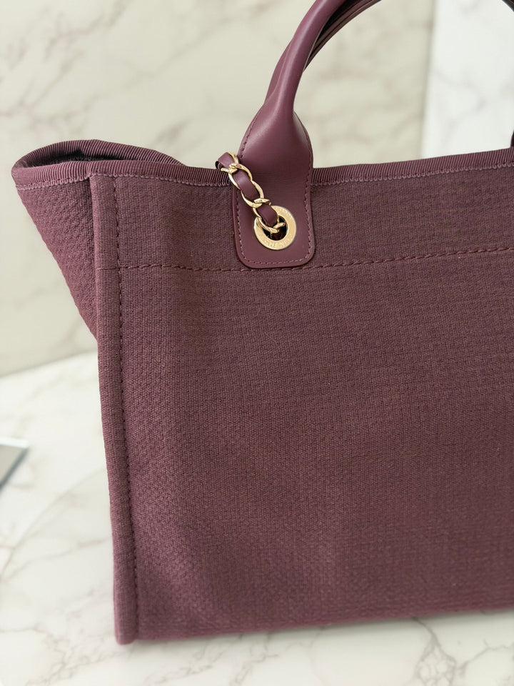 Chanel 24B Collection 2024 Burgundy Tweed Deauville Tote with Leather top handle size small and Detachable pouch