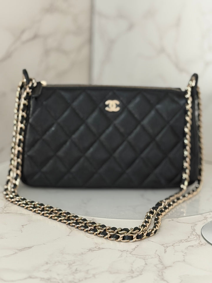 CHANEL New style Clutch/Wallet on Chain WOC in Black caviar LGHW and Burgundy lining 2025