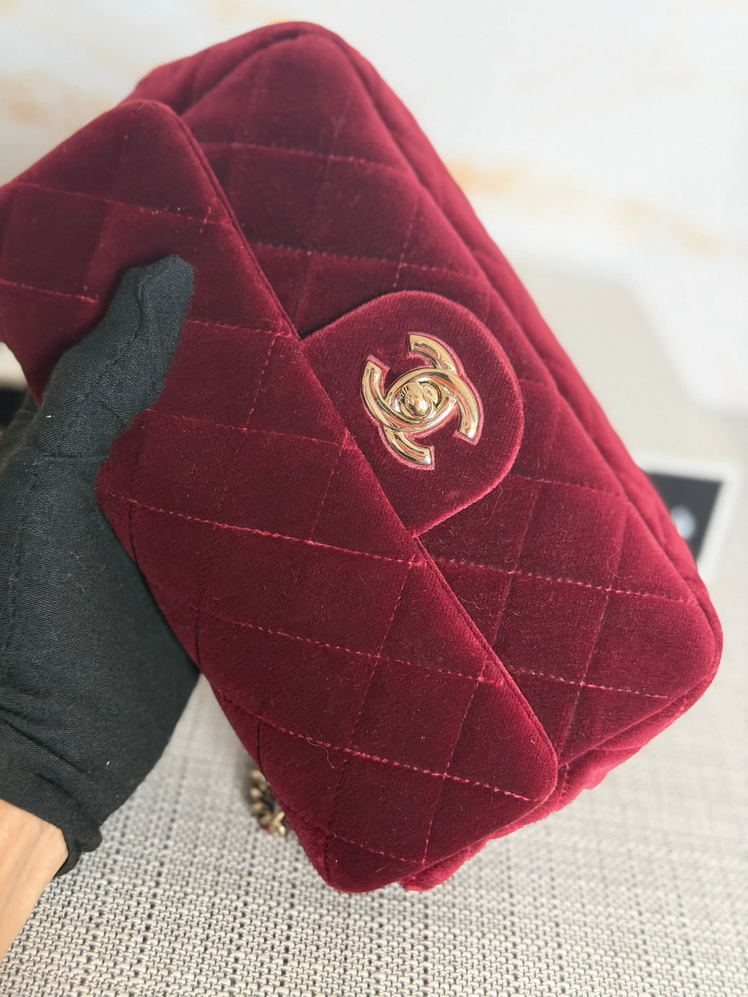CHANEL series 31 Burgundy Dark Red Velvet Crystal Pearl Crush Adjustable Strap Mini Rectangular Flap Bag 2020/2021