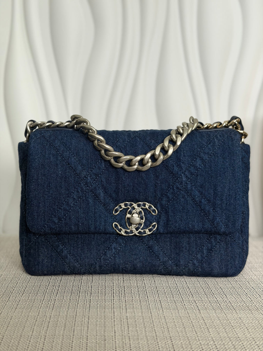 CHANEL 19 size Small Dark Denim SHW Flap Bag with Top Handle