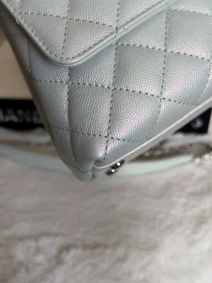 CHANEL 21K iridescent Light Blue Caviar Rainbow and shiny SHW Coco Handle Flap Bag size Small 2021