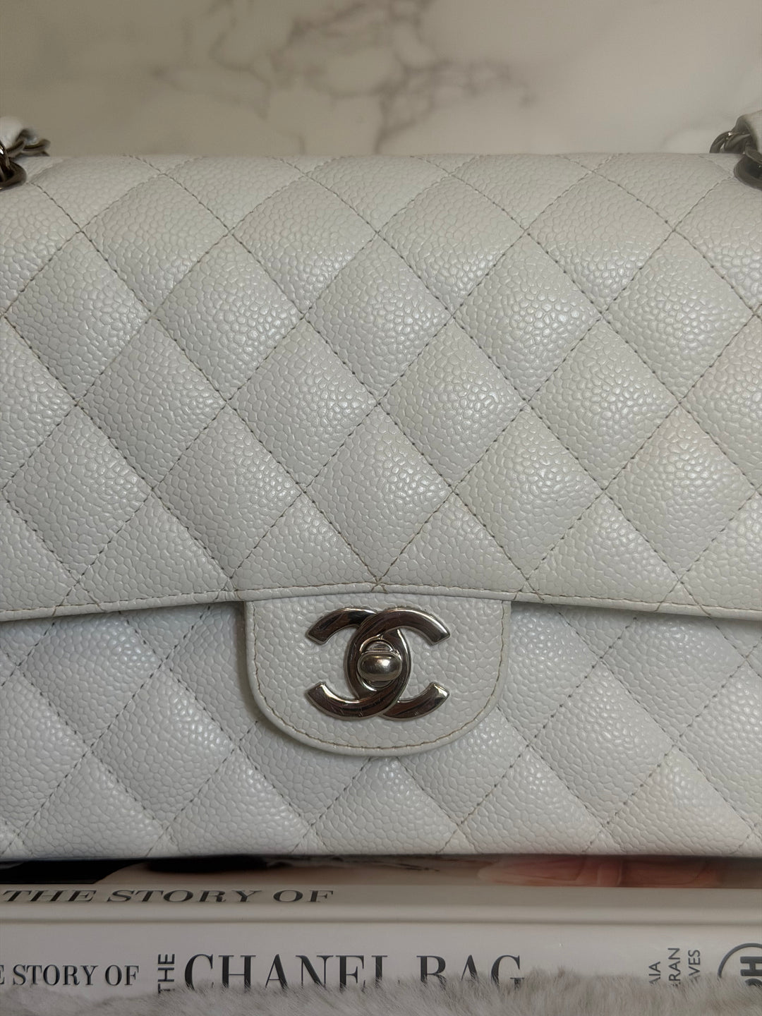 CHANEL series 12 Vintage White Caviar SHW Medium ML Timeless Classic Double Flap Bag 2009