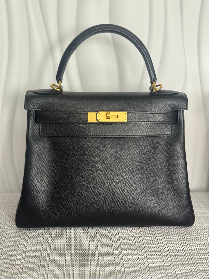 Hermes Noir/Black Epsom Leather GHW Kelly 28 stamp N 2010