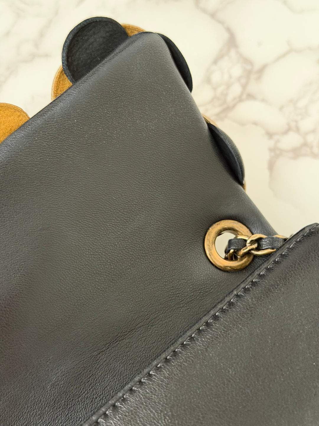 CHANEL series 21 Black Metallic Gold Camellia Flower Lambskin Mini Rectangular Flap Bag with Vintage GHW