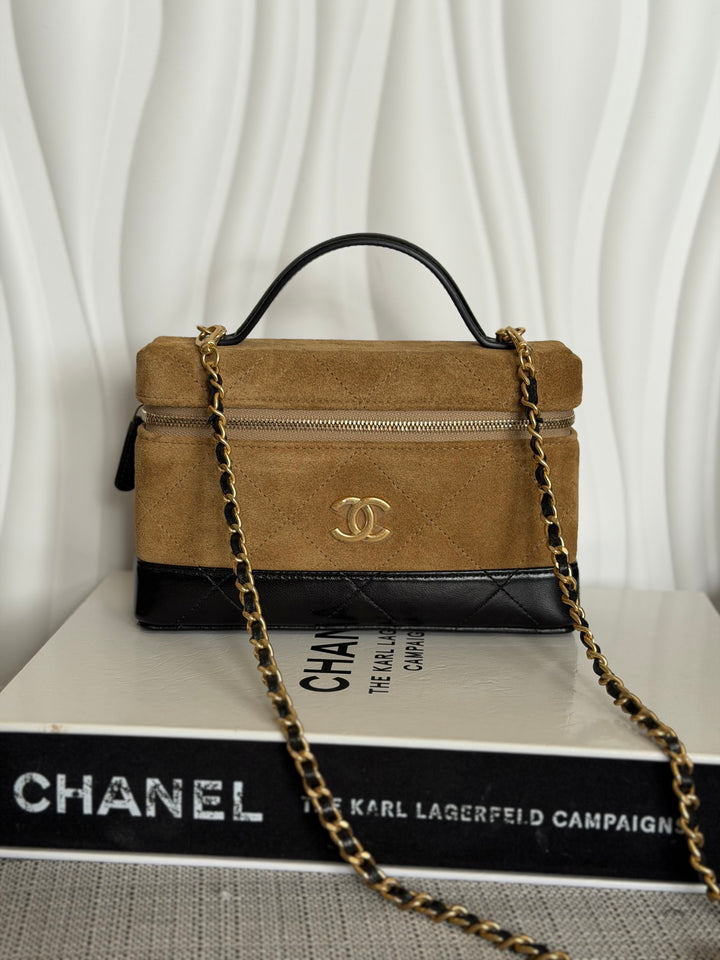 CHANEL 26S Beige Suede Black Calf skin aged GHW Long Vanity Case with Detachable Chain and top handle 2026