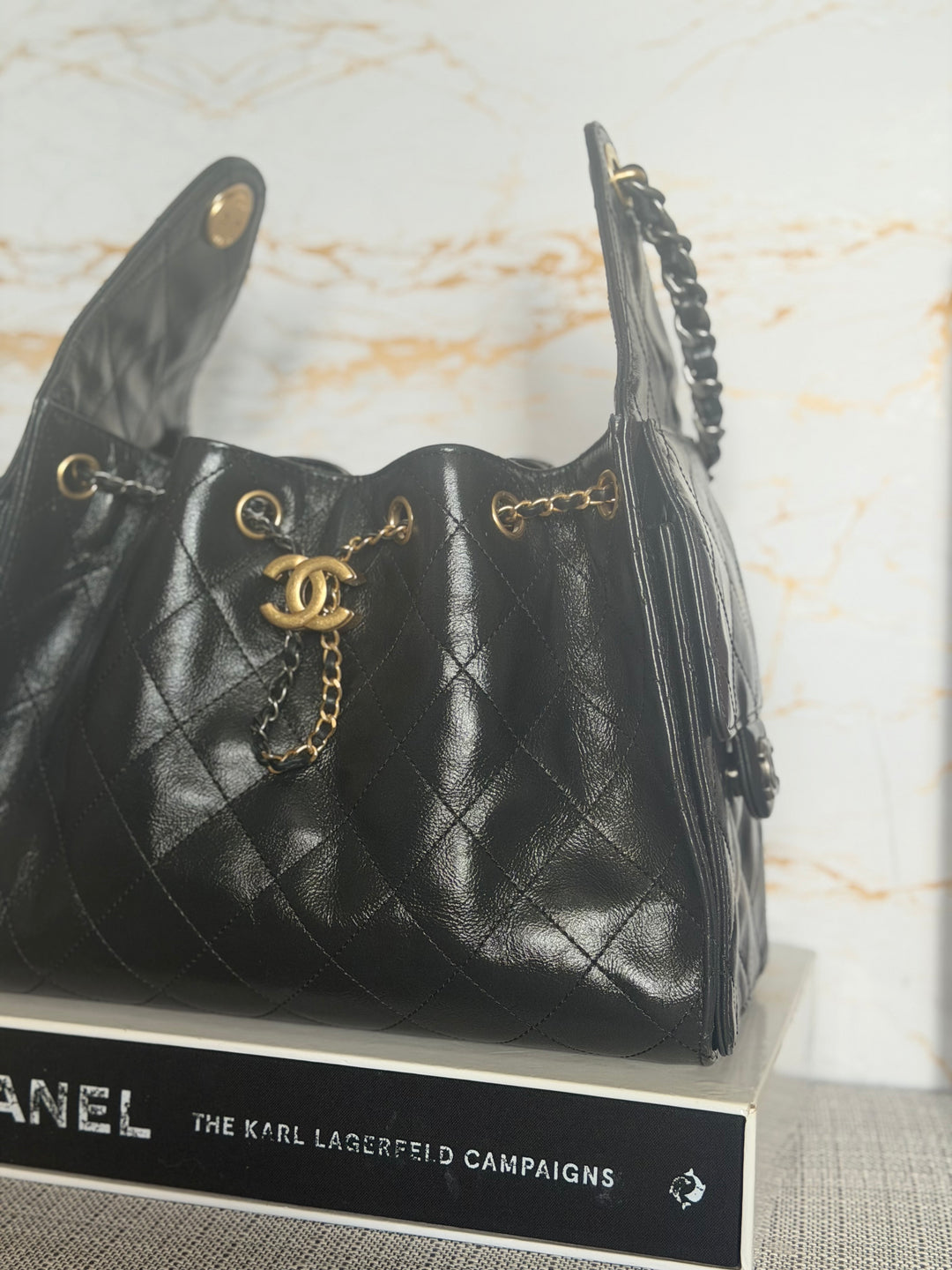 CHANEL Black Shiny Calf Skin Mixed Hardware 25 Hobo Bag size SMALL 2025/2026