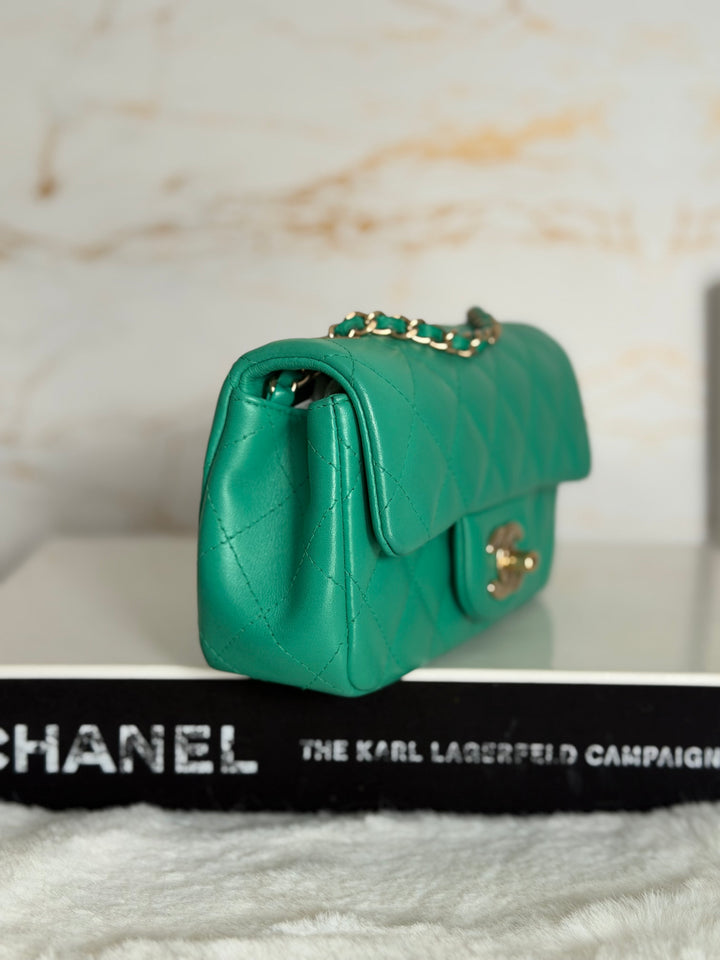 CHANEL series 21 Green Lambskin Brushed GHW Extra Mini Flap Bag 7.5 inches (discontinued line)