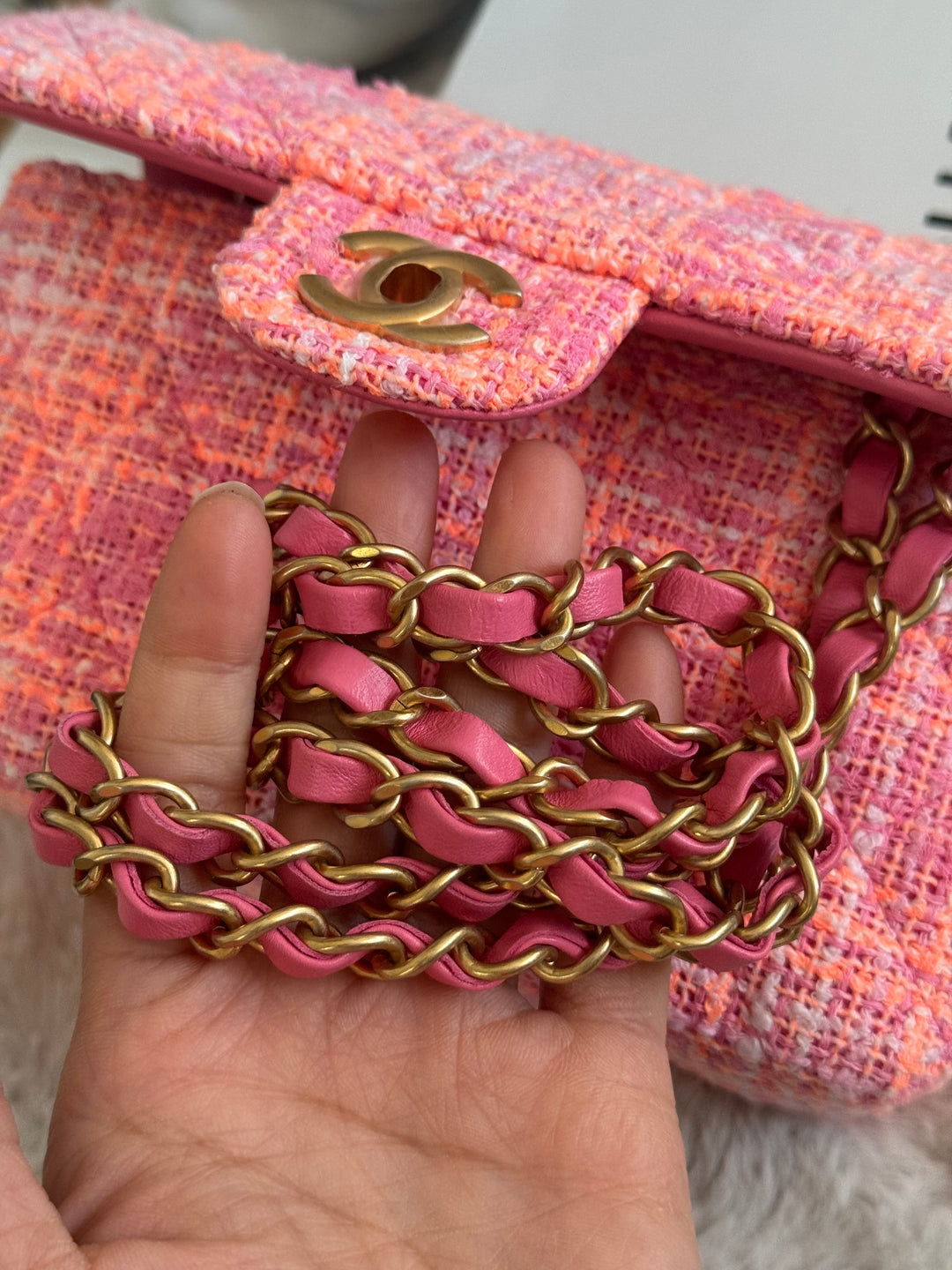 Chanel 24C 2024 Cruise Collection Tweed Pink Orange White Mini Rectangular Flap Bag with Aged GHW