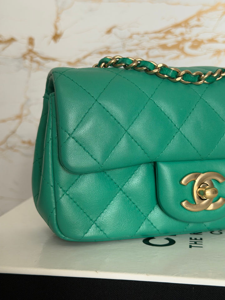 CHANEL series 21 Green Lambskin Brushed GHW Extra Mini Flap Bag 7.5 inches (discontinued line)