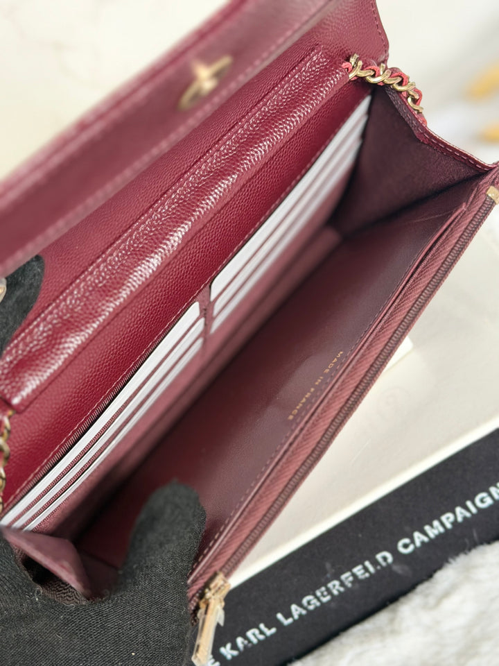 CHANEL 21B Burgundy Caviar LGHW Classic Wallet On Chain (WOC) 2021