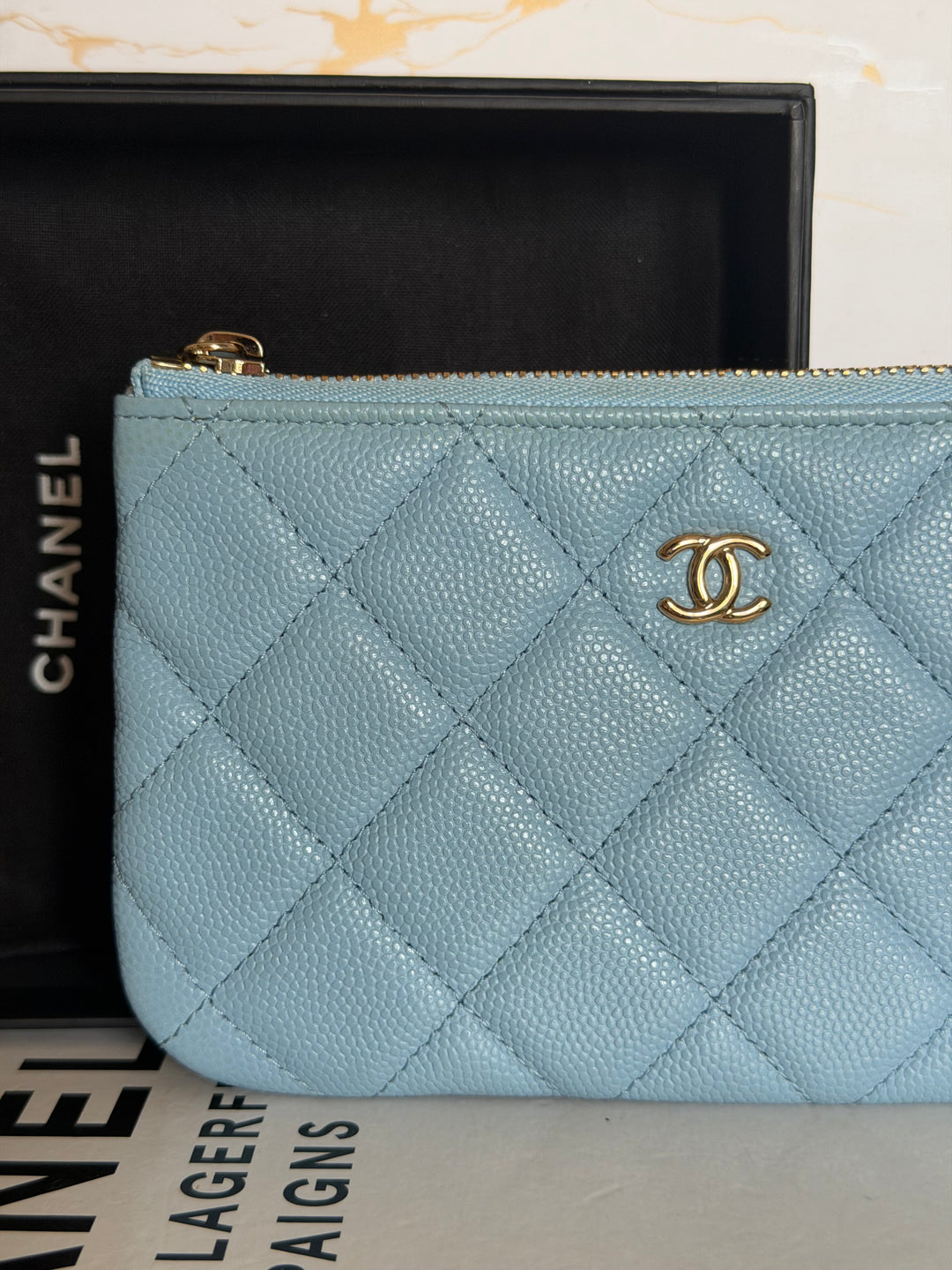 CHANEL series 31 Light Blue Caviar LGHW Mini O Case Pouch 15 cms