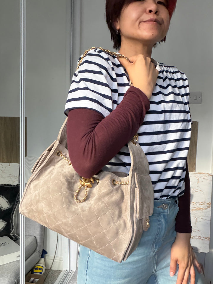 CHANEL Grey Suede 25 Hobo Bag size SMALL aged GHW 2025/2026