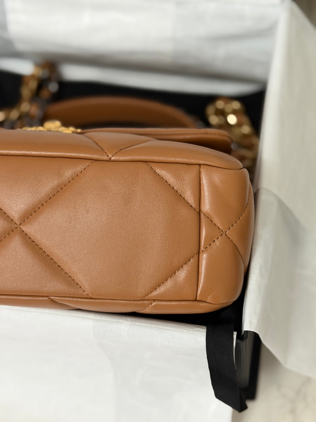 CHANEL Caramel Brown Lambskin Mixed Hardware 19 Size Small Medium Flap bag from 2022