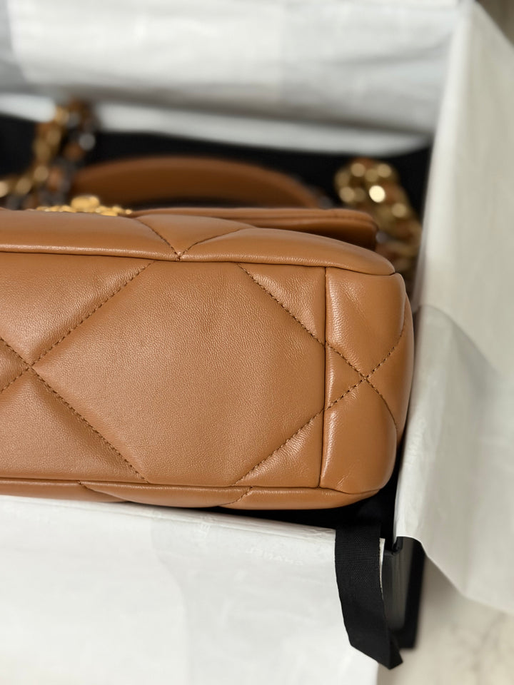 CHANEL Caramel Brown Lambskin Mixed Hardware 19 Size Small Medium Flap bag from 2022