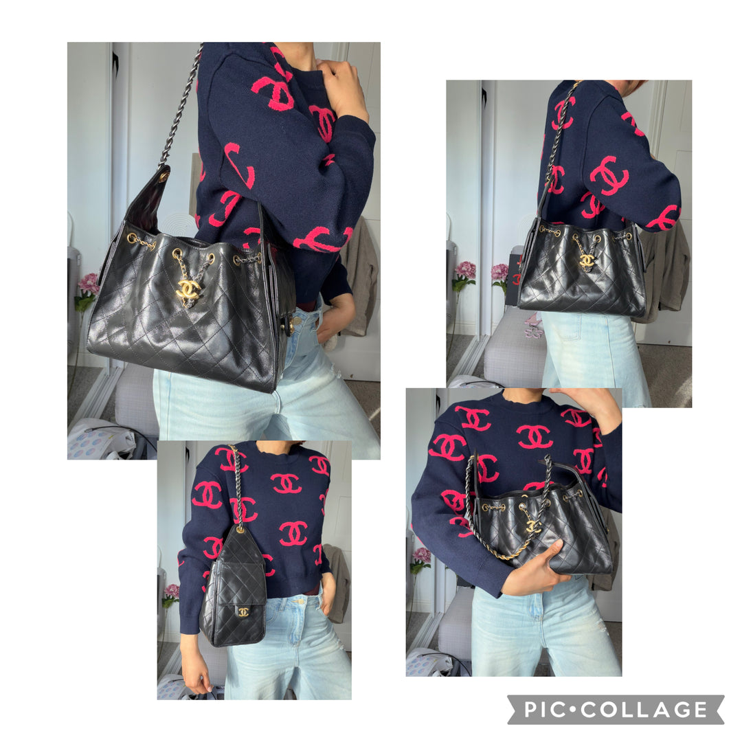 CHANEL Black Shiny Calf Skin Mixed Hardware 25 Hobo Bag size SMALL 2025/2026