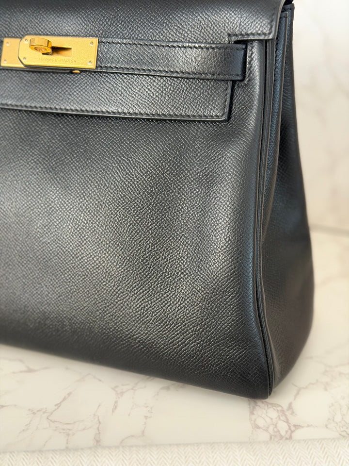 Hermes Noir/Black Epsom Leather GHW Kelly 28 stamp N 2010