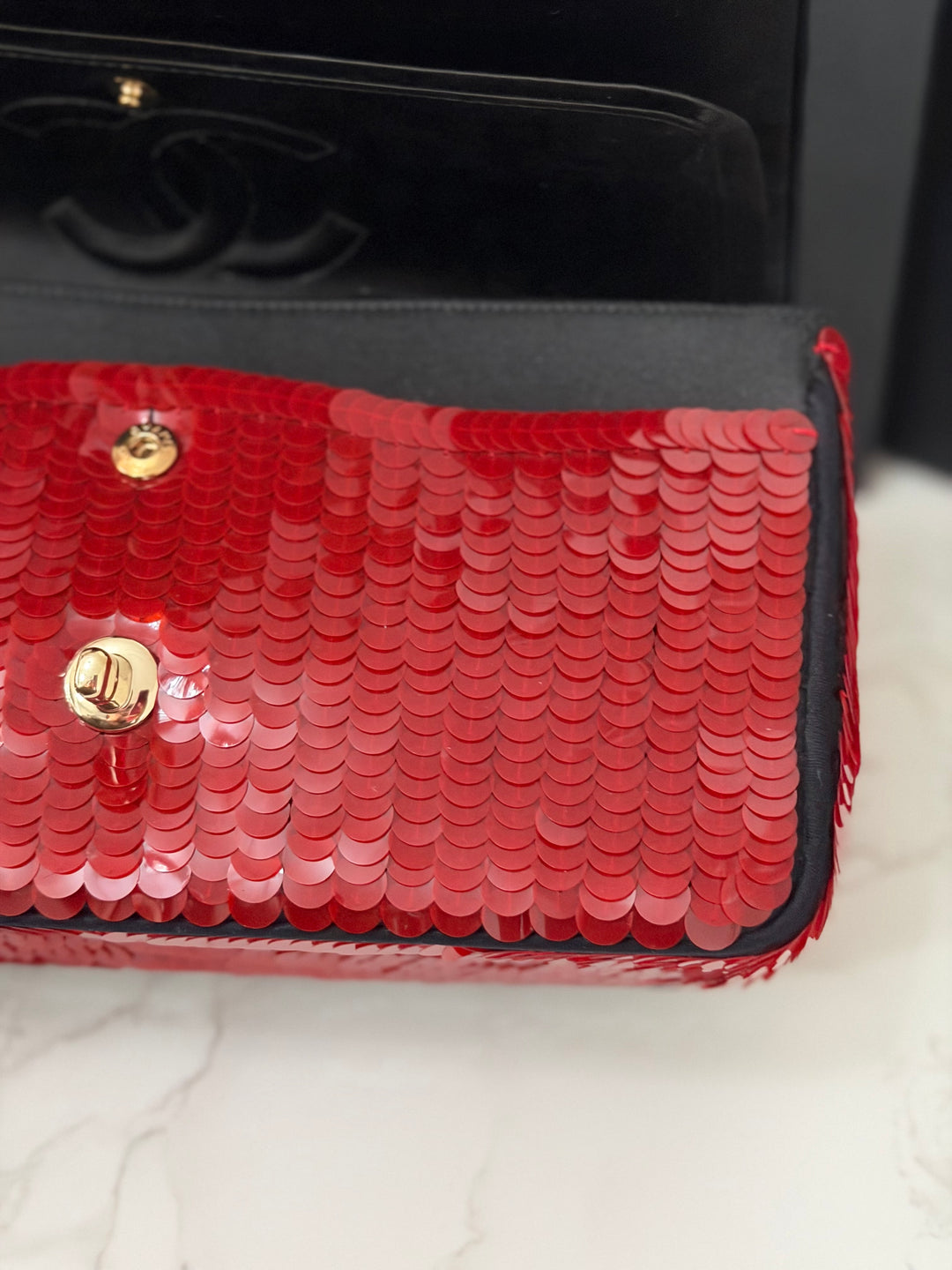 CHANEL series 13 2010 Red Sequin and Black Satin Paris-Shanghai Medium Flap Bag Gold Hardware