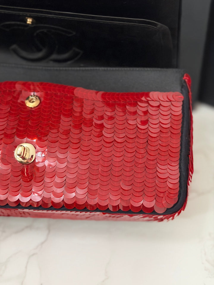 CHANEL series 13 2010 Red Sequin and Black Satin Paris-Shanghai Medium Flap Bag Gold Hardware