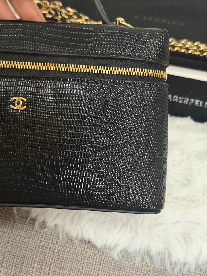 CHANEL Black Lizard Embossed Calf Skin GHW LP Long Vanity with top handle 26A 2026