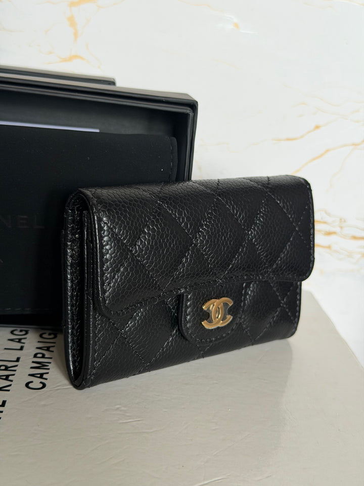 CHANEL Black Caviar LGHW Classic Flap Snap Card Holder