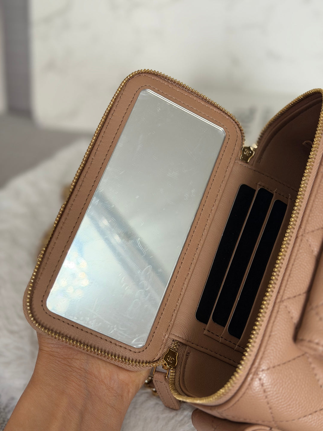 CHANEL Dark Beige Caviar Cargo Polly Pocket Vanity Case with Top Handle GHW 2023