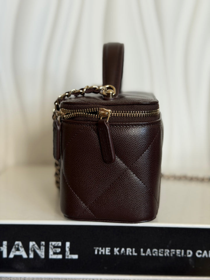 CHANEL 26S Dark Brown Caviar LGHW Small Vanity Case with Top Handle